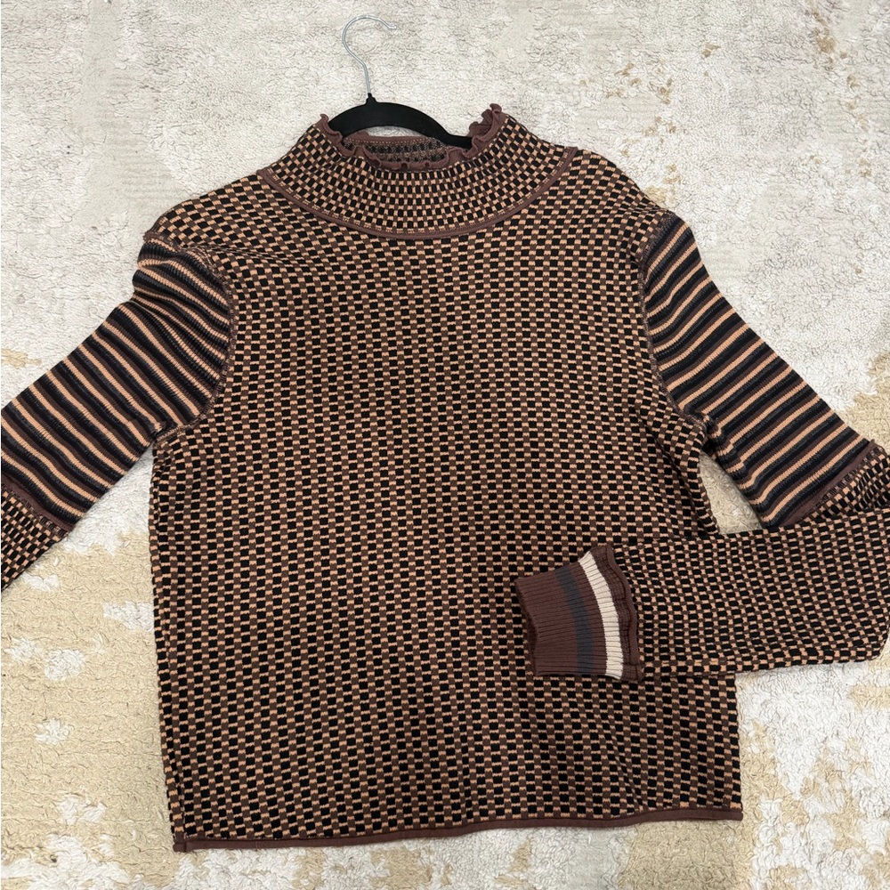 We The Free Brown Patterned Turtleneck Sweater with Striped Sleeves
